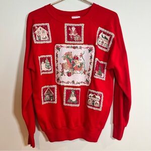90s Red Christmas Holiday Sweatshirt Sz M Appliqué Patchwork Santa Cats Vintage